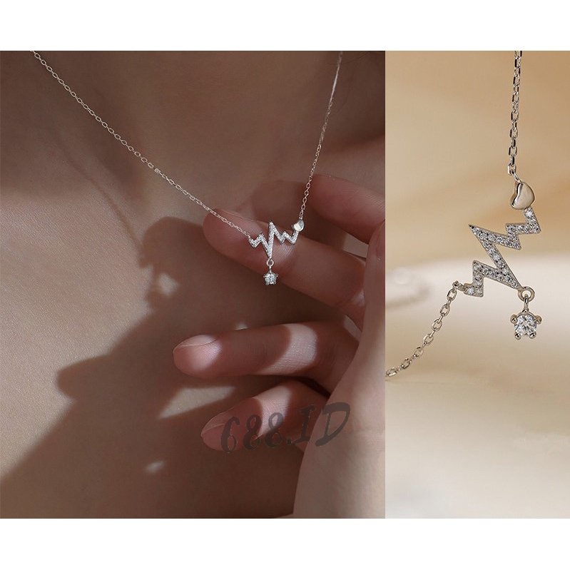 Kalung Rantai Wanita Korea dengan Liontin Detak Jantung Heart Beat Aksen Kristal Berlian Warna Silver Gold Cantik Fashion Necklace Hits NL 15