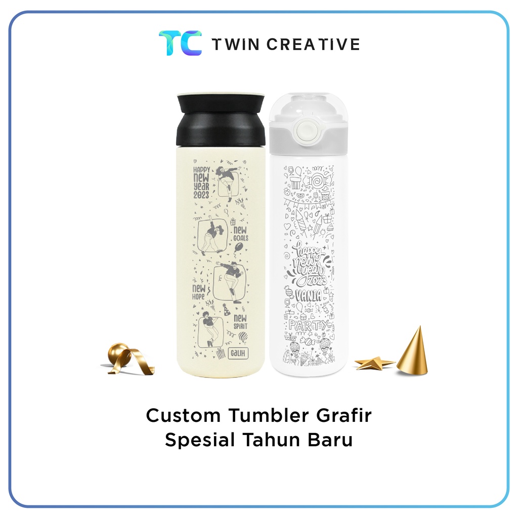 Hadiah Botol Minum Custom Nama Termos Stainless Hampers Tahun Baru - Tumbler Grafir Happy New Year