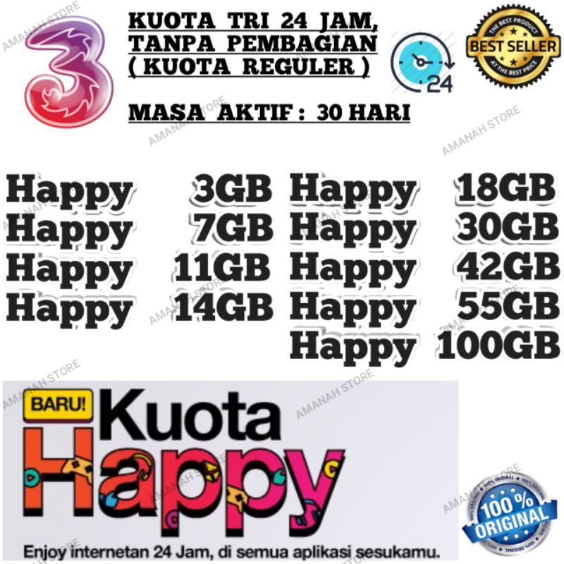 KUOTA TRI / PAKET DATA TRI HAPPY 3GB / 7GB / 11GB / 14GB / 18GB / 30GB / 42GB