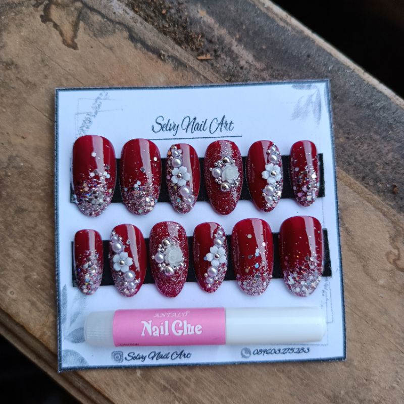 Kuku palsu wedding maroon Fake nails Kupal wedding