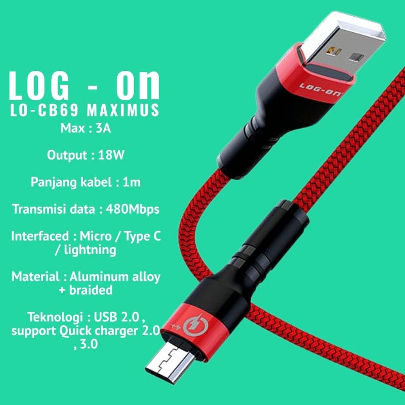 KABEL DATA LOG ON CB69 FAST CHARGING 3A MICRO/TYPE C/IPHONE