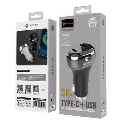 LENYES CA869 38W Car Charger Saver Mobil Quick Charge 3.0 2in1 Type C USB Port