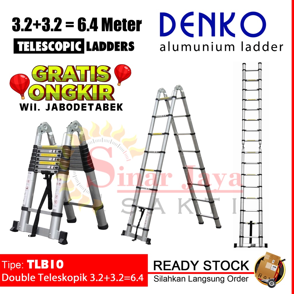 Tangga Lipat Teleskopik 3.2 + 3.2 = 6.4 Meter Denko TLB10 | Tangga Alumunium Teleskopik 3,2 + 3,2 = 
