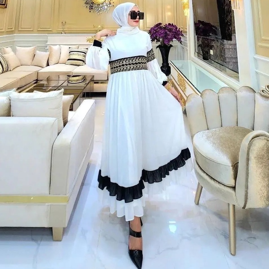 Sherina Dress Ceruty Babydol Aplikasi Renda full puring Dengan rempel list di bawah / Dres Putih Kekinian / Pakaian Muslim wanita Terbaru / Baju kondangan Cewek / Gamis Cantik