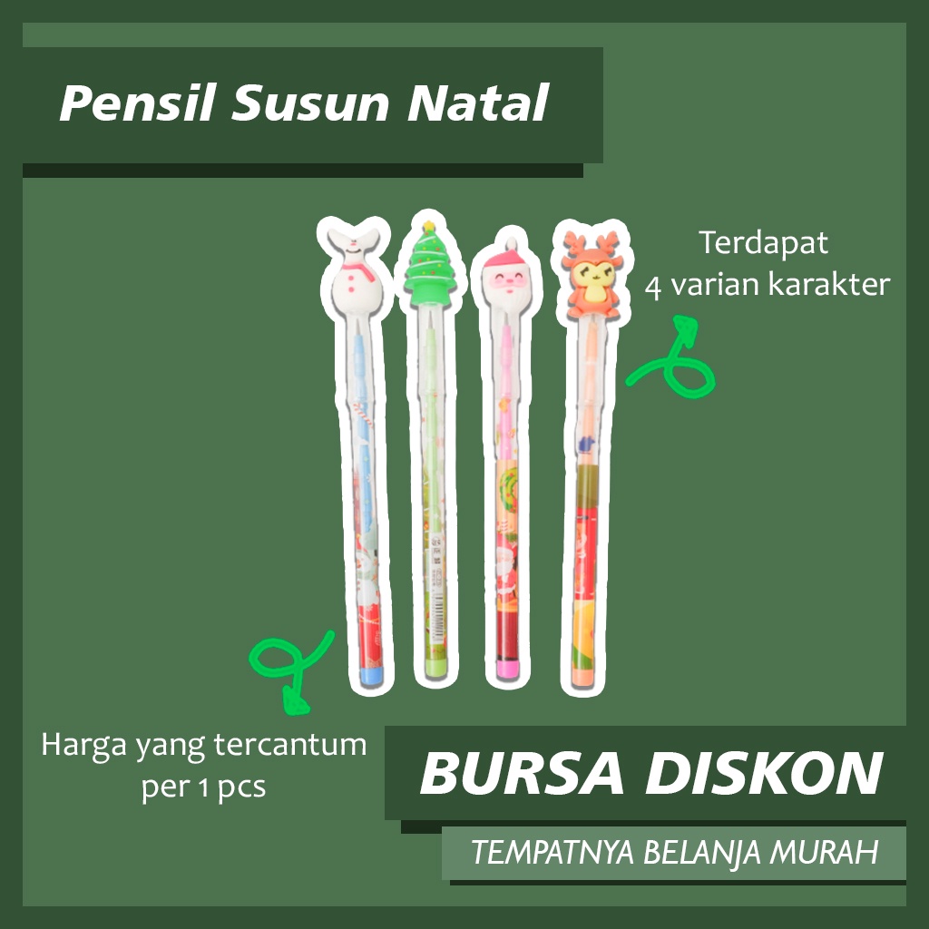 

Pensil Susun Natal Pencil Peluru Benzia Bensia Christmas Santa Pohon Rusa Snowman Xmas