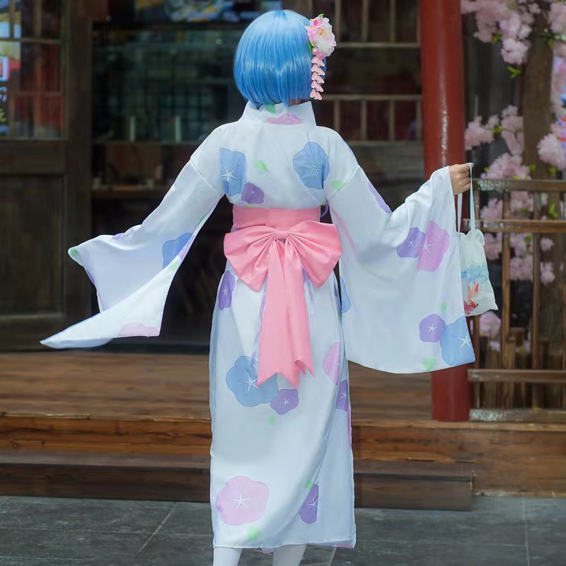 Kostum Cosplay Ram Rem Anime Re Zero Kara Hajimeru Isekai Seikatsu Kimono Kostum Halloween untuk Wanita Gaun Pakaian Jubah