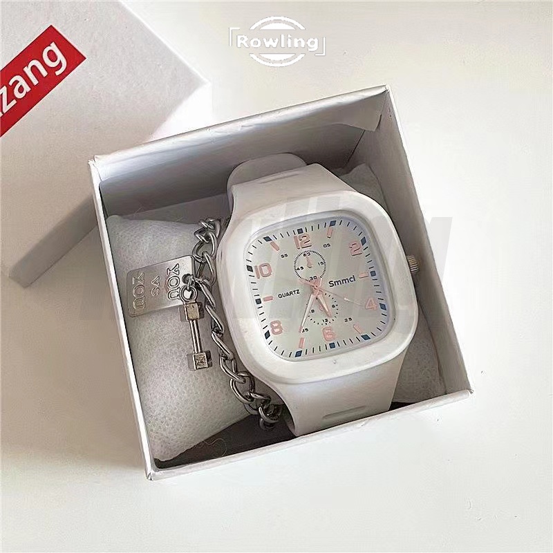 Rowling (Jam-70) Jam Tangan Rubber Quartz Kotak Besar Wanita Dan Pria Fashion Gaya Korea Unisex Import