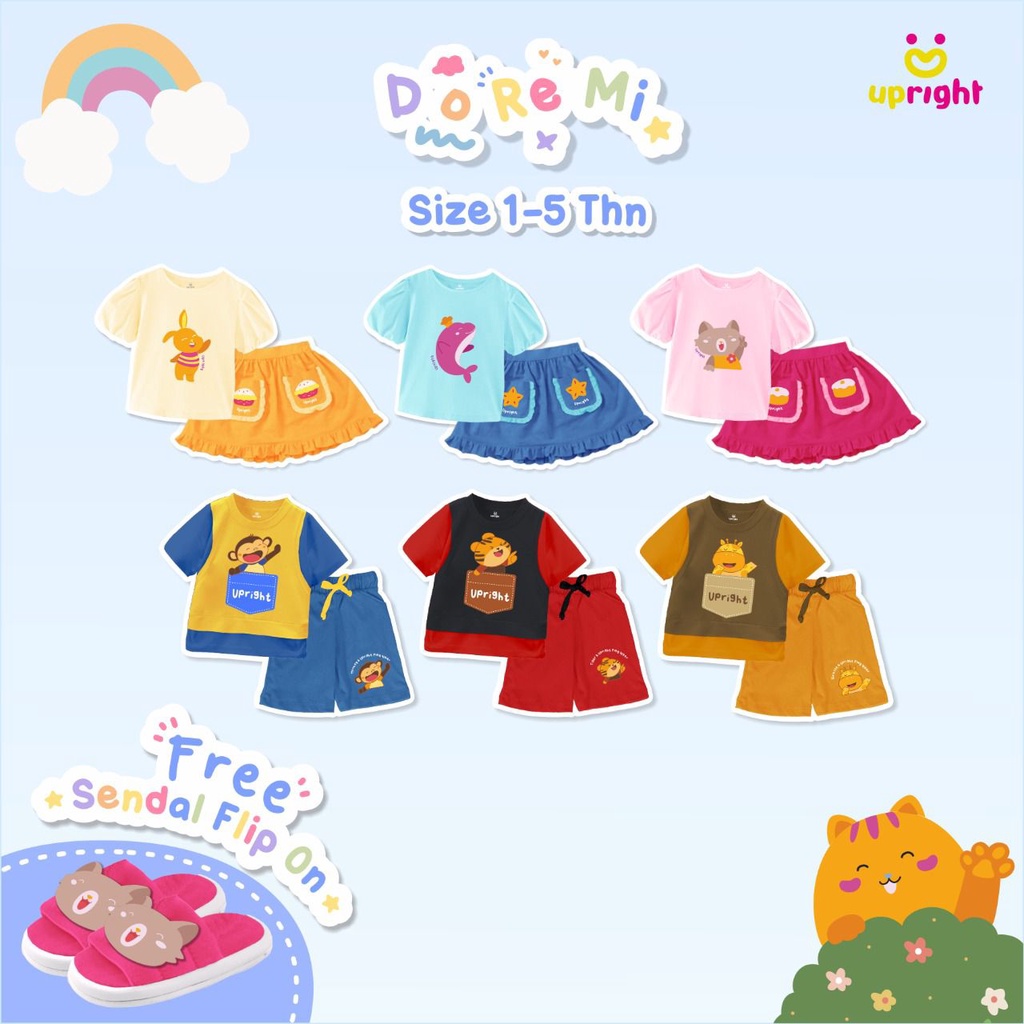 SETELAN ANAK LAKI LAKI PEREMPUAN SET DOREMI BABY SET GRATIS FLIP ON SANDAL UPRIGHT SIZE 1-5 TAHUN