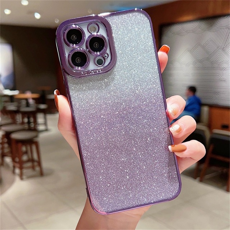 Casing iPhone 14 13 12 11 Pro Max 14 plus Aksen Glitter Mewah Warna Gradasi anti Jatuh