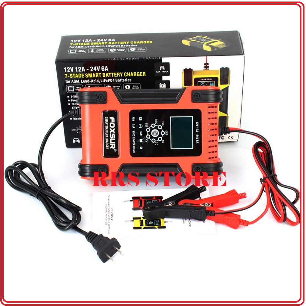 Foxsur Charger Aki Kendaraan 150W 12-24V 12A 200Ah with LCD - FBC122412D Cas Aki  ACCU Otomatis  CASAN Aki Mobil Motor