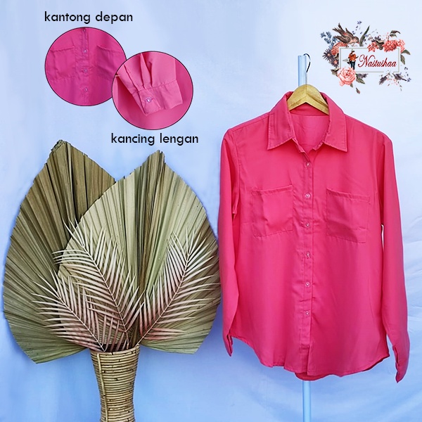 Kemeja Oversize Shirt Polos Pocket Kantong Tunik Kemeja Wanita Polos Dusty Pink Baju Atasan Cewek Full Kancing