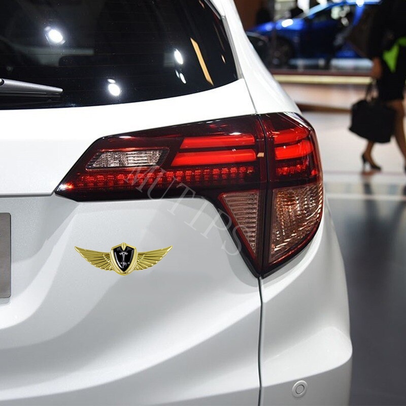 Tesla Sticker Emblem Dekorasi Body Mobil Bentuk Sayap 3D Bahan Metal Untuk Model 3 Ys X