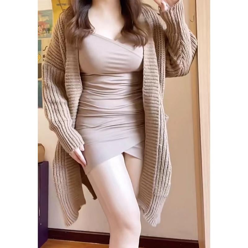 Suhao Pure Desire Style Irregular Sling Dress Wanita Musim Gugur dan Musim Dingin Malas Angin Sweter Mantel Kardigan Rajutan Setelan Jas Dua Potong Rok