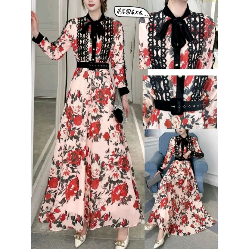 Gamis Maxi Dress Import Gold Cheries Bunga Shabby (FCODI851)