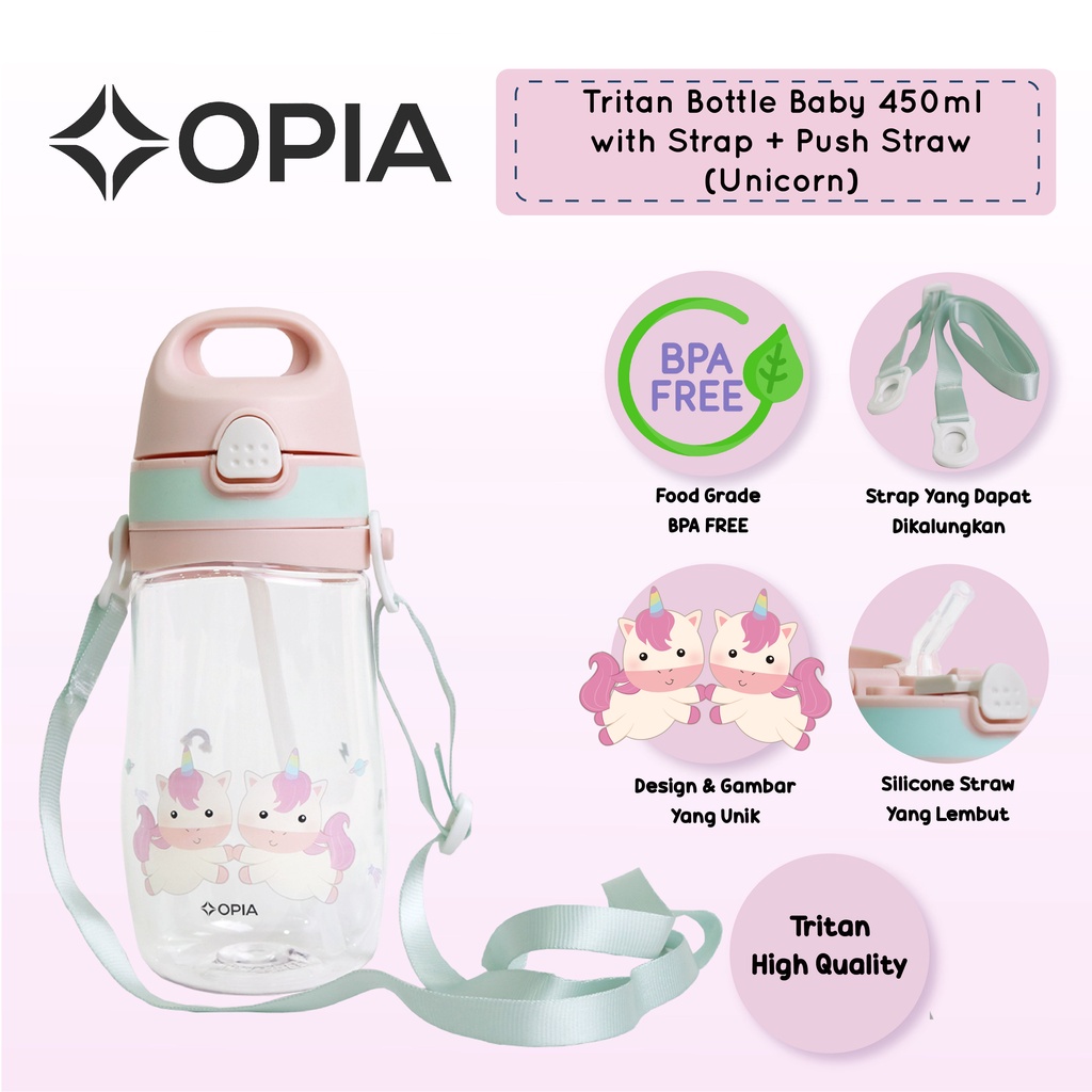 Opia Tritan Bottle Kids 450ml With Strap &amp; Push Straw