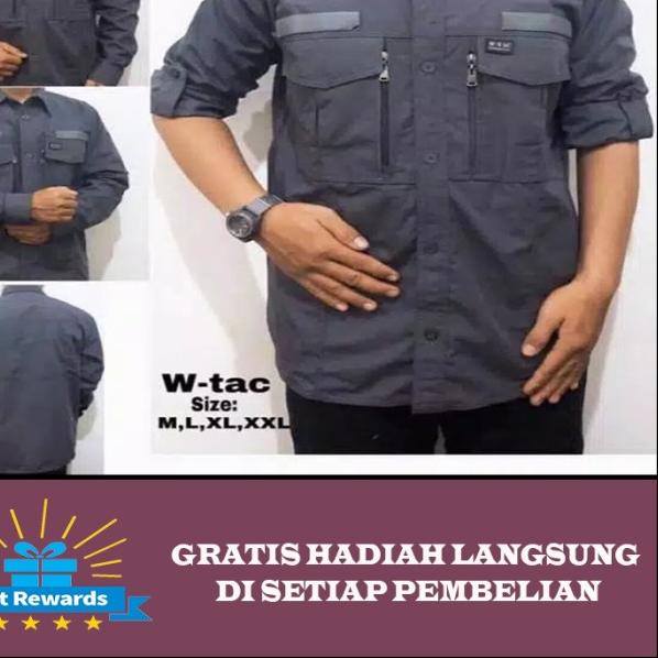 Baju Kemeja Pria Tactical WTAC Lengan Panjang Motif Polos Type Reguler - Abu-abu, M