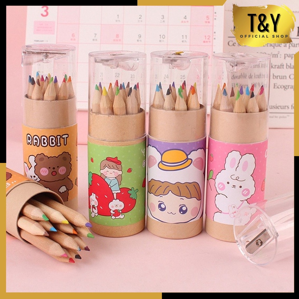 T&amp;Y Pensil Warna 12 IN 1 + Serutan Pensil Warna Pencils Quality Pensil Color Karakter Lucu Kemasan Tabung Murah Import