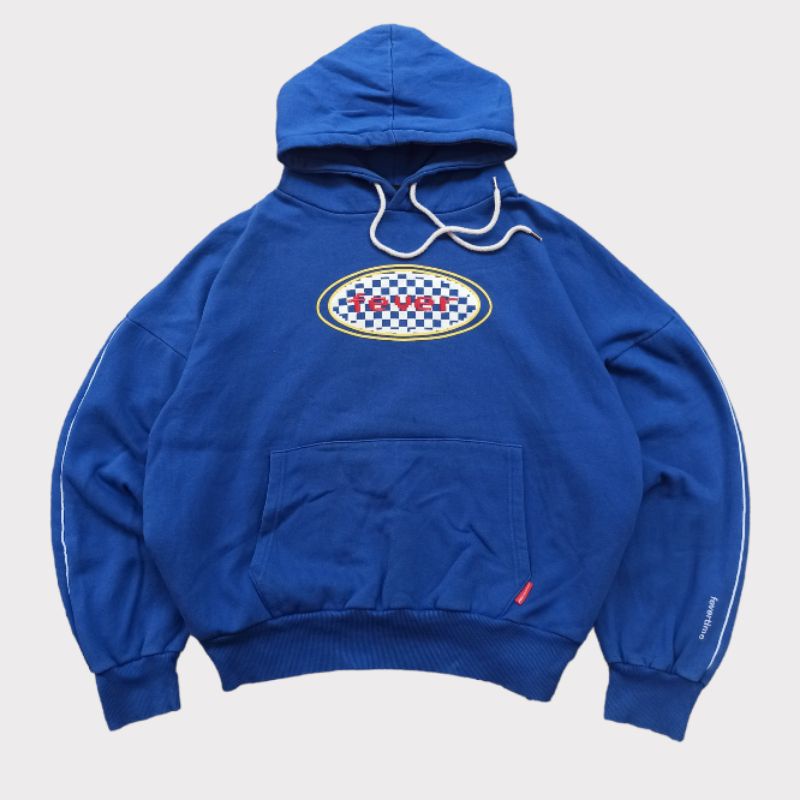 "FEVERTIME CHECKERBOARD LOGO HOODIE OVERSIZED - BLUE, SIZE ON TAG L"