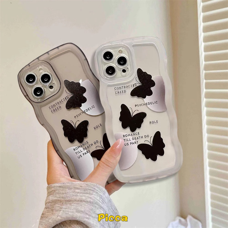 Art Black Butterfly Case Vivo Y36 Y02T Y22 Y02 Y20 Y33s Y35 Y22s Y11 Y16 Y21 Y15 Y21s Y12 Y12i Y15s Y93 Y12s V20 V21 Y30 Y50 Y17 Y21T Y33T Y75 Y91 Y15A Y91C Y21A Penutup Tepi Bergelombang