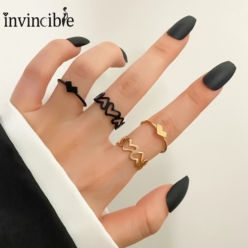 Set Cincin Bentuk Hati Model Hollow Bahan Metal Warna Hitam Gaya Korea Untuk Pasangan