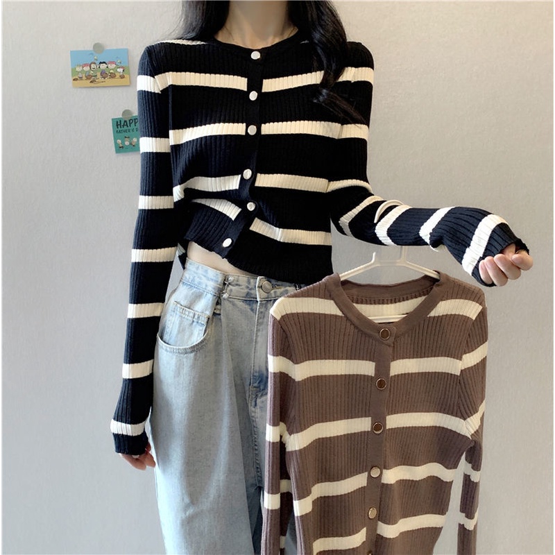 Cardigan Kancing Rajut Wanita Panjang Stripe Lengan Panjang Casual Top