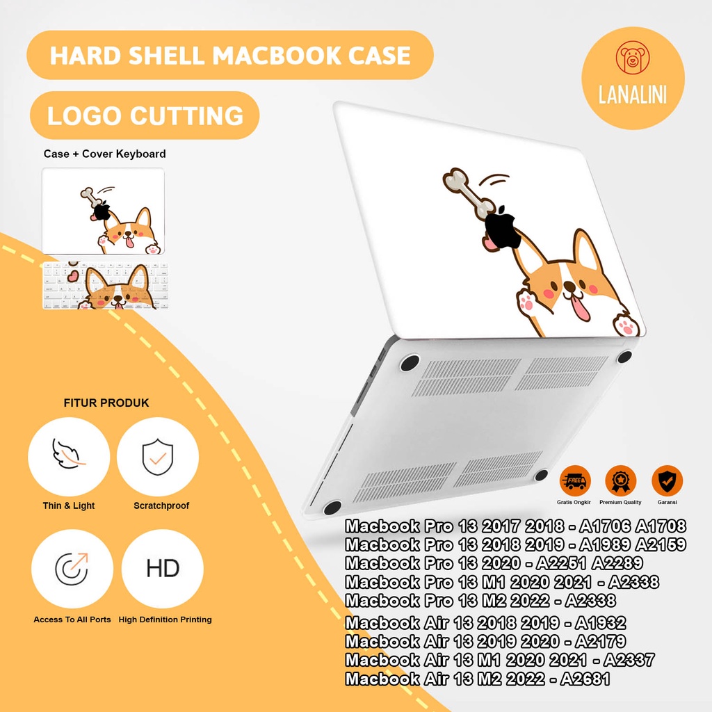 Case Casing Protective Pelindung Laptop Macbook Air Pro 13 14 16 M1 M2 2017 2018 2019 2020 2021 A1932 A2179 A2337 A1706 A1708 A1989 A2159 A2251 A2289 A2338 Gambar Kartun Cartoon Anak Anjing Dog Puppy Corgy Putih White Motif Lucu Hardcase Murah