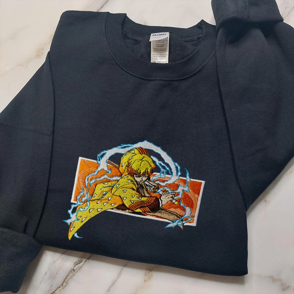 Crewneck Zenitsu Fight Embroidery Anime Manga Demon Slayer Kimetsu No Yaiba Premium Unisex