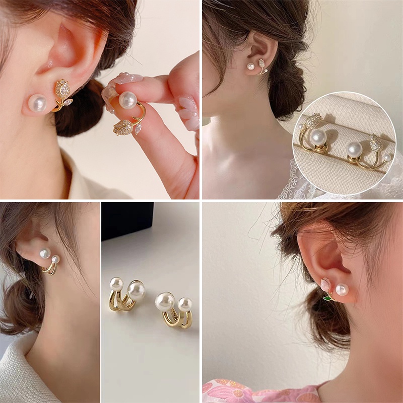 Anting Tusuk Gantung Wanita Desain Bunga Tulip Hias Mutiara + Berlian Gaya Korea Untuk Pesta