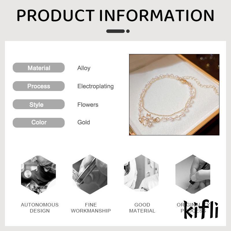 【kifli】Gelang Tangan Rantai Baja Lapis Ganda Aksen Bunga + Mutiara + Zircon Untuk Wanita