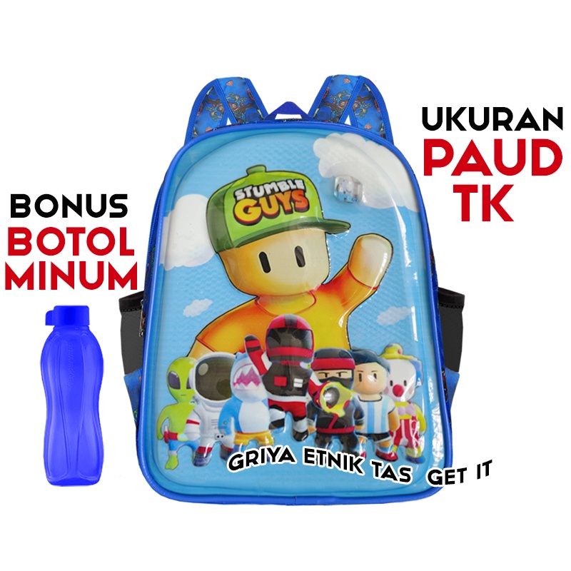 Tas Sekolah Anak Laki laki TK Paud BONUS BOTOL Karakter Stumble Guys Astronot Lampu LED