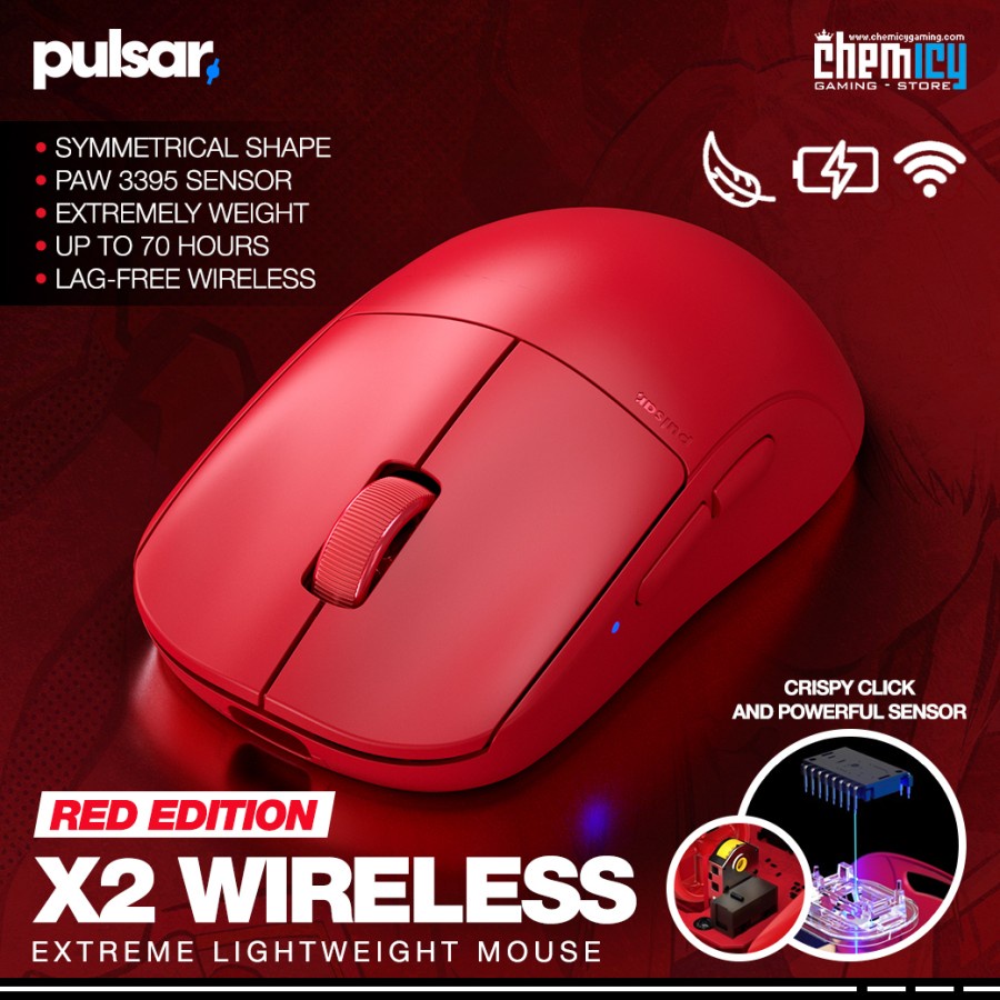 Pulsar X2 All Red Edition Lightweight Wireless Gaming Mouse