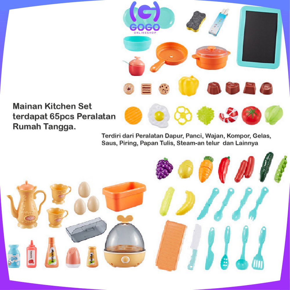 GOGO-M24 Mainan Spraying Mist Kitchen Set Isi 65PCS Mainan Masak Masakan Dapur Anak Perempuan 888-54