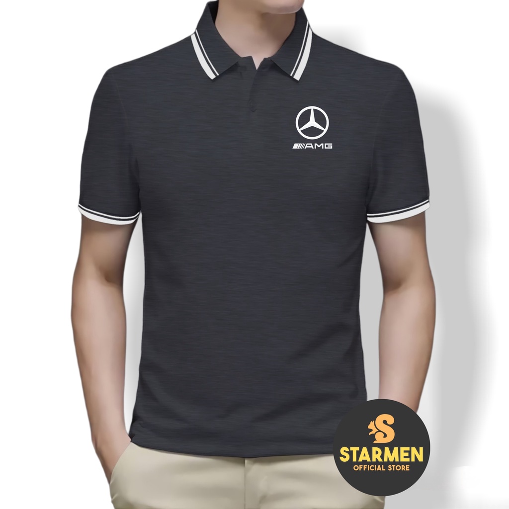 Kaos Polo Shirt Pria Kerah List Putih logo AMG