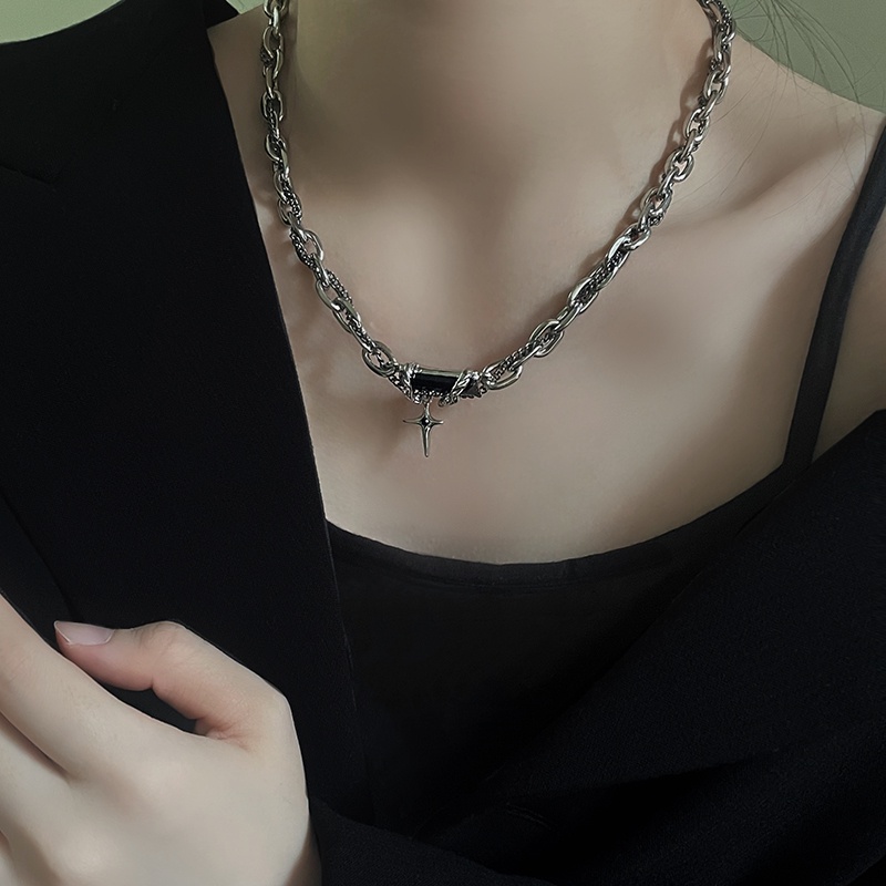 Kalung Rantai Multi layer Hias Zircon Warna Hitam Gaya Hip Hop Untuk Wanita