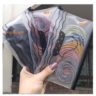 ADOLANE Ikat Rambut Korea import Free Pouch/Karet Warna Warni Hitam Polos Premium pouch I Can Swim