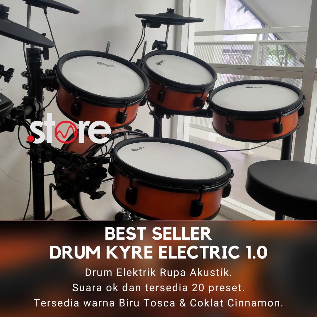 Drum Elektrik Akustik Kyre E Series - Biru dan Coklat Bonus Kursi Drum, Pedal, dan Stick Drum