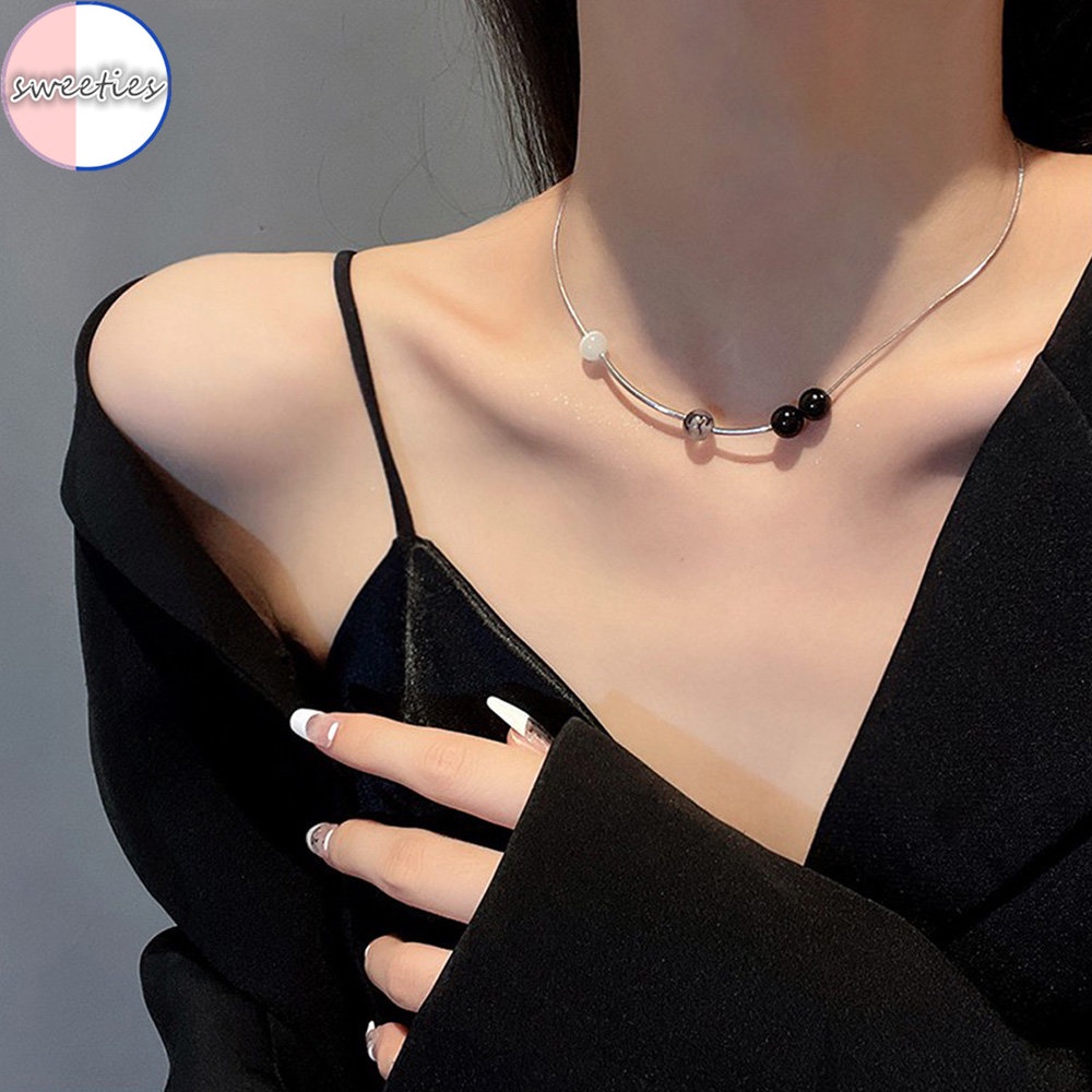 Kalung Rantai Liontin Batu opal Hitam Gaya retro vintage Korea Untuk Wanita