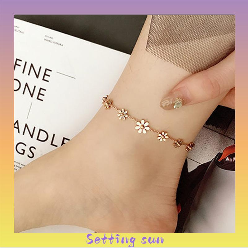 Gelang Kaki Titanium Anti Karat Daisy Bunga Kamelia Emas 18k Perhiasan Wanita Korea TN