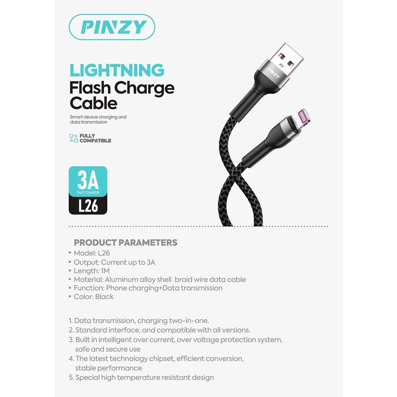 Kabel Data - Kabel Charger Lightning PINZY L26 Super Flash Charge 65w