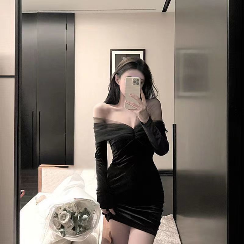 Suhao hot girl one-shoulder velvet black dress wanita tahun baru goreng jalan pertempuran gaun pinggang susu manis lembut keinginan murni rok angin