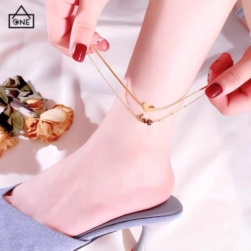 COD❤️Gelang Kaki Titanium 2 Layer LOVEHuruf Hati Anti Karat Emas 18k Aksesoris Wanita Korea-A.one