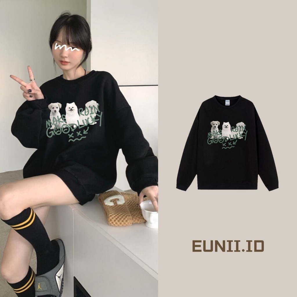 EUNII Sweater Lengan Panjang Lovely Dog Korean Style/Hoodie Oversize/Baju Wanita/Switer Wanita