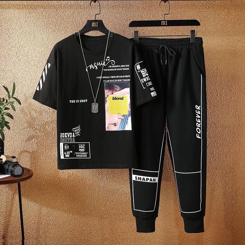 BAJU STELAN HUOHUO COWOK SETELAN PRIA KAOS PENDEK + CELANA JOGGER PANTS PANJANG