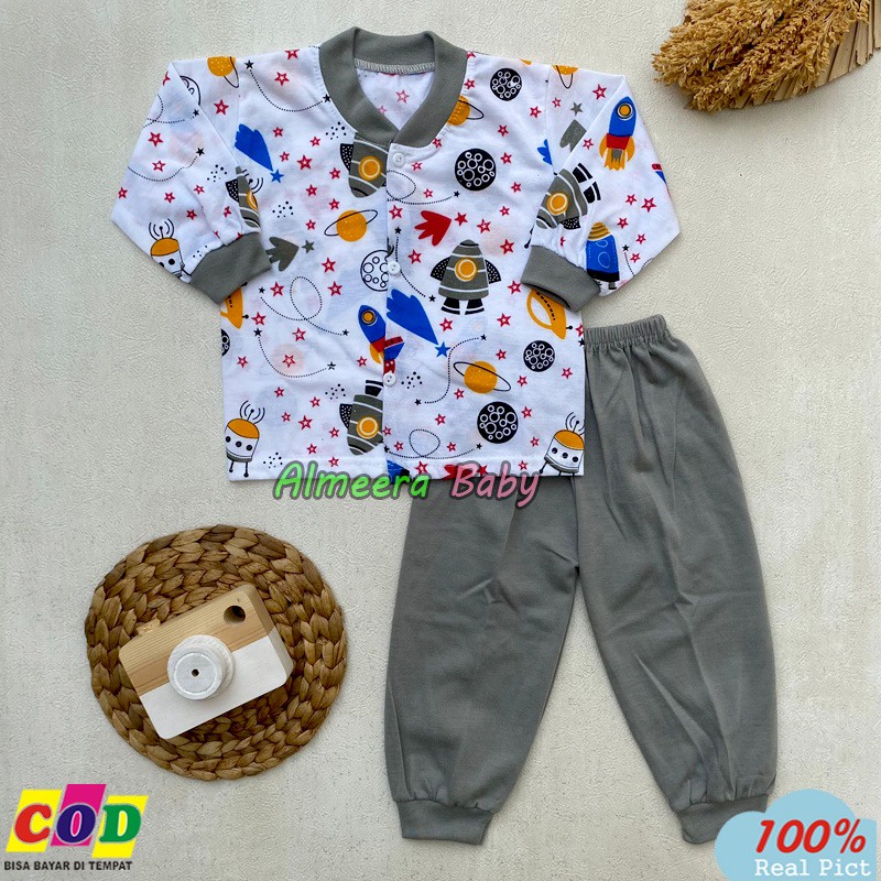 Setelan Baju Bayi Piyama Bayi Kancing Depan Motif Unisexs Usia 3-12 Bulan Almeera Baby and Kids