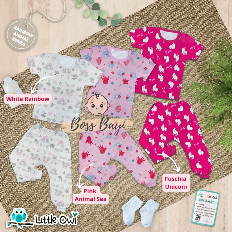 LITTLE OWL Setelan Oblong Kancing Pundak Baju Lengan Pendek Celana Panjang 6-12M,12-18M,18-24M