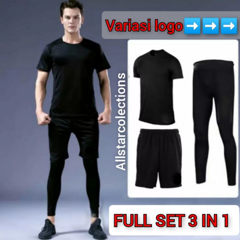 Stelan Olahraga Pria Baju Manset Baselayer Lengan Pendek Polos Celana Legging Panjang Dan Celana Pen