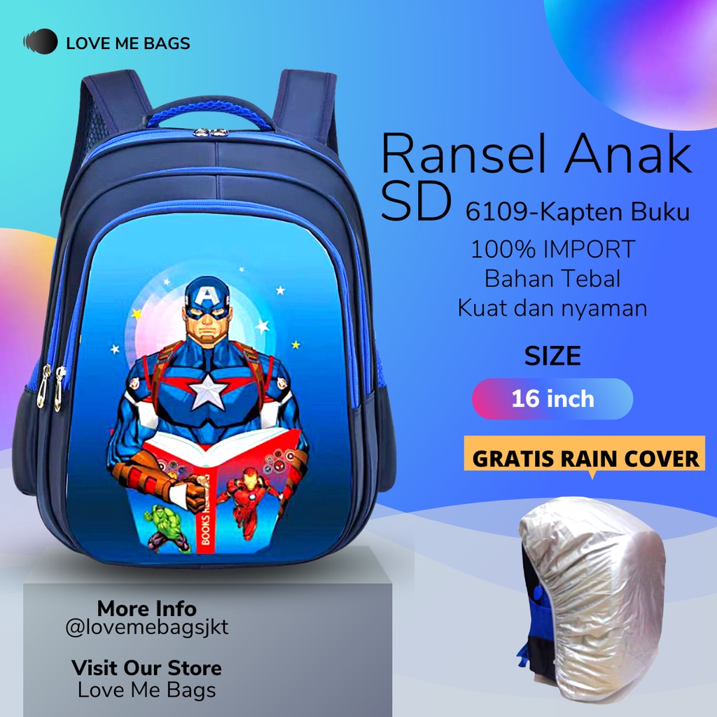 LMB Tas Anak Laki SD Import Karakter Superhero Bagian Gambar Depan Timbul 6D Bahan Nilon Kualitas Premium Tebal