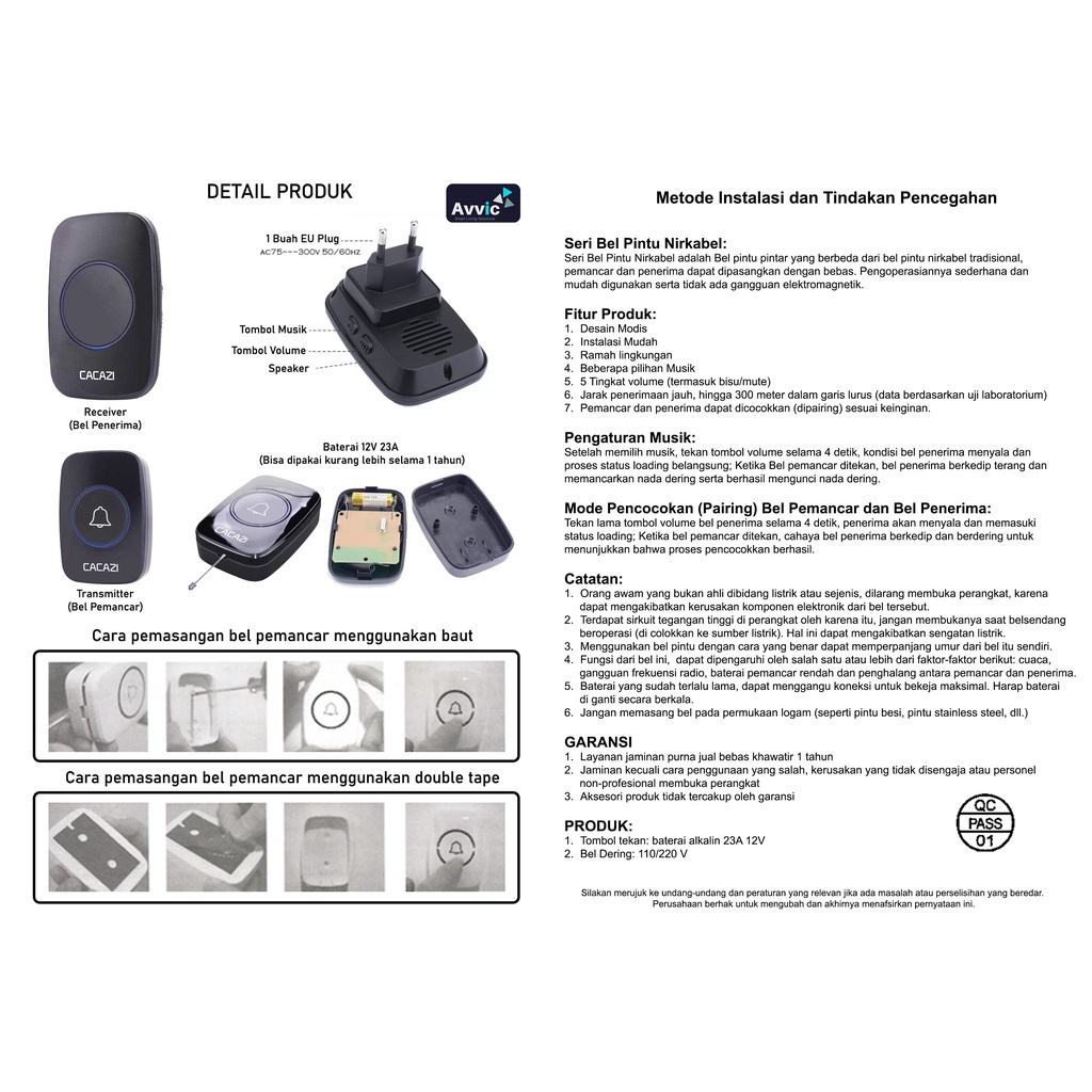 CACAZI Wireless Doorbell Waterproof IP44 – Bel Pintu Rumah Remote 1 Transmitter 1 Receiver 38 Nada