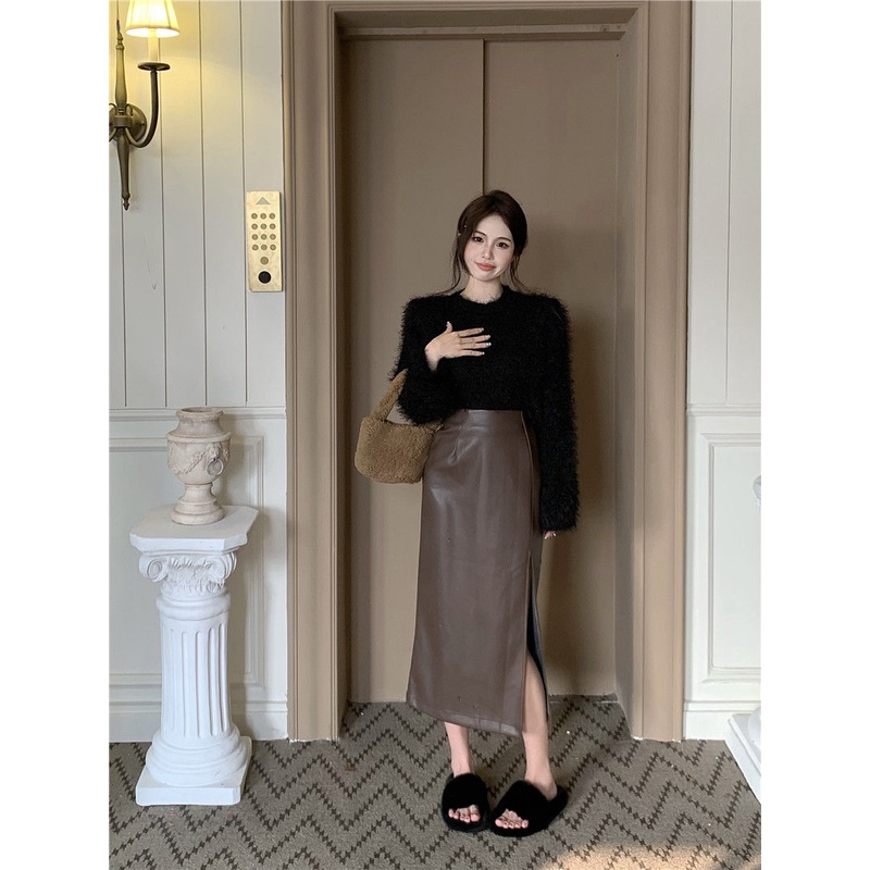 Suhao Hitam Mewah Sweater Wanita Musim Gugur dan Musim Dingin Lembut Lilin Retro Longgar Lengan Panjang Sweater Top Slim Pinggang Tinggi rok