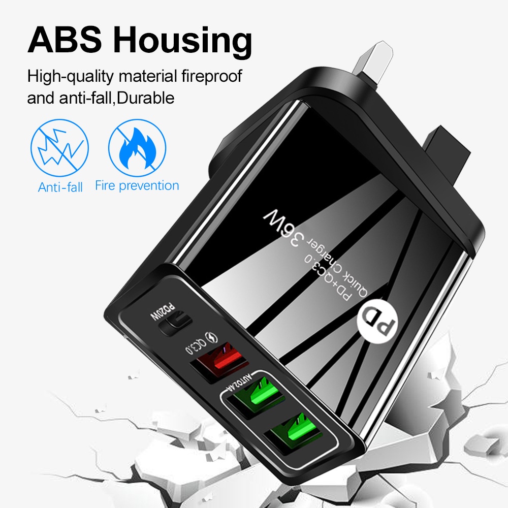 Adapter Power Charger 36W 3 Port Usb-A + Tipe-C 4 Port QC3.0 + PD Portable Untuk Iphone / Android